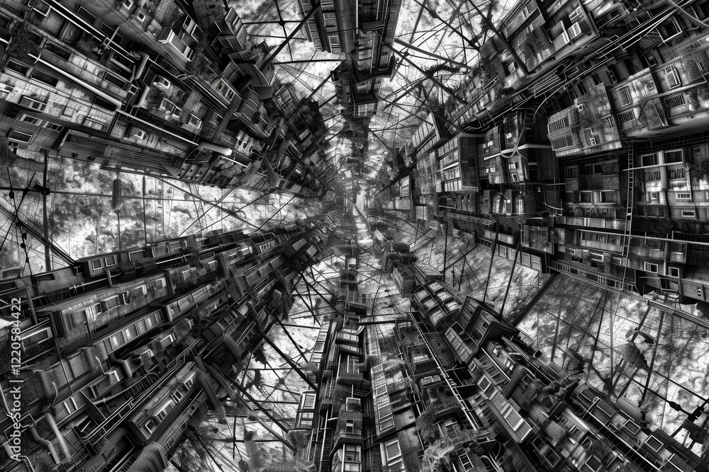 Poster exploring a surreal urban landscape filled with intricate structures