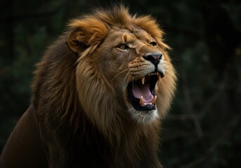 Obraz premium A lion standing in the forest with a blurred dark background, wild life