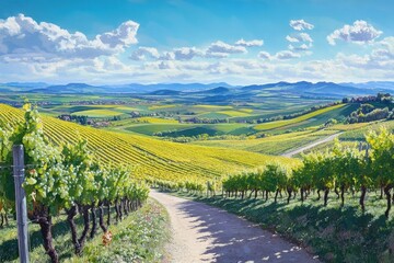 Fototapeta premium Vineyard road, rolling hills, spring landscape, sunny day, tourism
