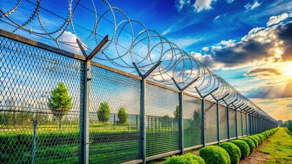 Obraz premium Close-up view of a secure electric fence razor wire perimeter wall.
