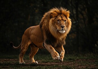 Naklejka premium A lion standing in the forest with a blurred dark background, wild life