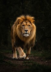 A lion standing in the forest with a blurred dark background, wild life

