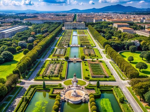 Aerial Macro View: Caserta Royal Palace Gardens & Cityscape