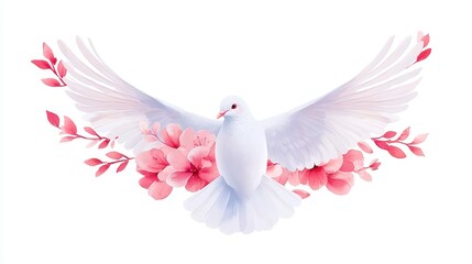 Obraz premium Graceful white dove soaring with wings spread wide, elegant watercolor illustration on a pure white backdrop, perfect for digital designs and artistic projects.