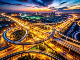 Fototapeta premium Aerial Night View of Illuminated Highway Interchange with High Depth of Field