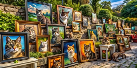 Fototapeta premium Aerial View: Artistic Cat Portraits in Diverse Mediums – Elegant Feline Art