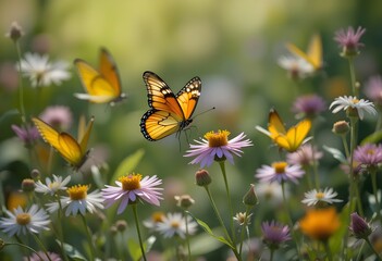 Butterflies fluttering around wildflowers during springtime