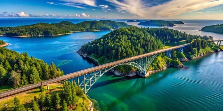 Aerial View Deception Pass Bridge Connecting Anacortes & Whidbey Islands, Washington State