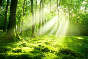 Obraz premium Serene forest with sun rays illuminating lush green moss in a vibrant tranquil natural setting