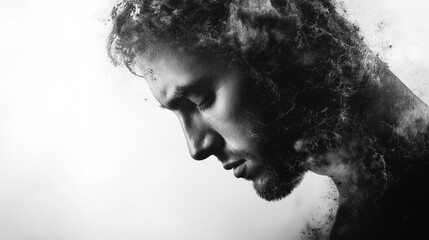 Artistic black and white portrait of a man dissipating.