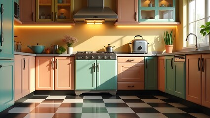 Fototapeta premium A retro kitchen from the 1950s, featuring a checkered black-and-white floor