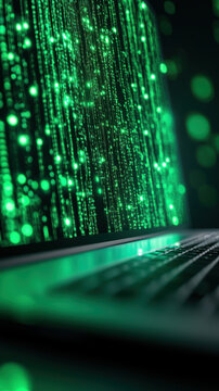 Digital code on laptop screen with futuristic green binary stream in technology concept
