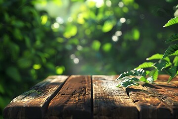 Fototapeta premium A hyper-realistic close-up of a rustic wooden table with visible grain patterns and natural imperfections, placed in an outdoor setting. The background features vibrant green foliage blurred 