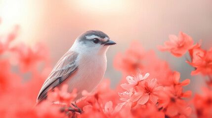 Fototapeta premium Charming bird among vibrant spring blossoms showcasing nature's delicate balance in serene wildlife encounter