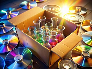 Fototapeta premium Aerial View: Lab Glasses & CD in Cardboard Box - Scientific Research Concept