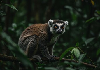 Naklejka premium A lemur in a dark forest with a blurred background