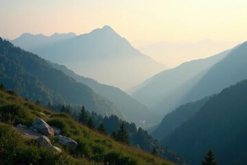 Fototapeta premium Foggy morning on the mountain with a sense of stillness, light, morning, fog