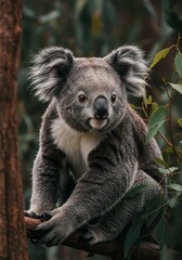 Obraz premium A koala in a dark forest with a blurred background
