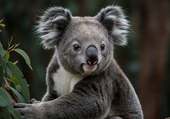 Naklejka premium A koala in a dark forest with a blurred background