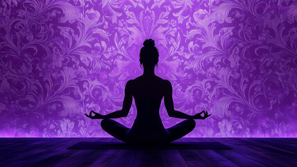 Woman Meditating in Lotus Pose Against Purple Background