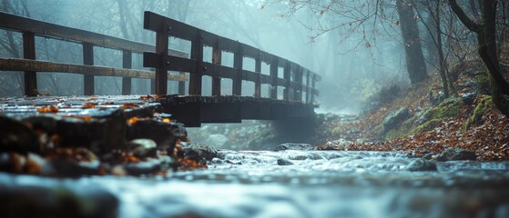 A wooden bridge arches over a crystal-clear stream nestled in an enchanting forest, bathed in the gentle light of dusk and dappled leaves.