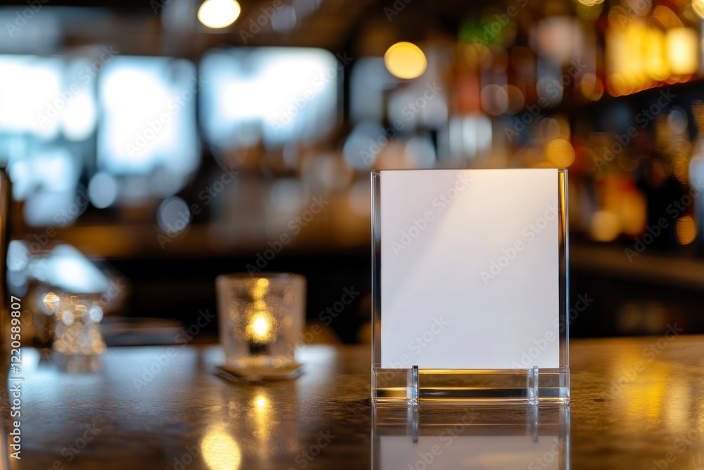 Poster white blank menu holder mockup on a blurred background, close-up view. a bar and restaurant displayi