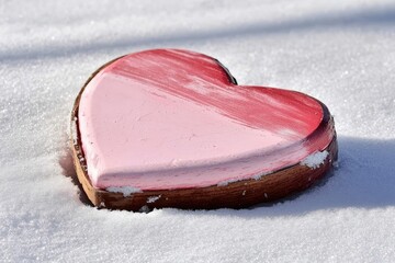 Pink and Red Wooden Heart in the Snow