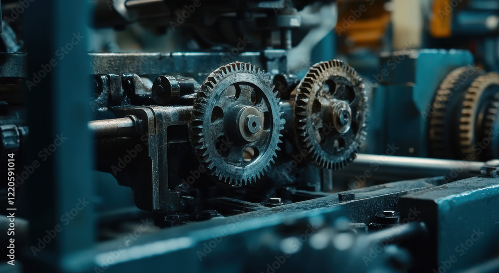 Poster intricate gears of a vintage machinery system captured in a workshop setting