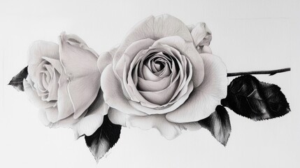 Monochrome Rose Drawing Delicate Pencil Sketch of Two Roses