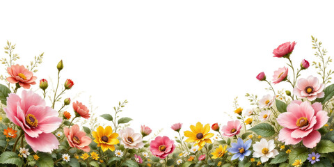 Colorful Flowers with green stems, transparent background