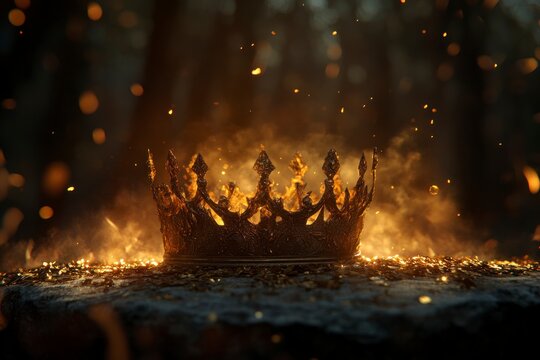 Golden crown with a blurred background of fire and gold dust. Fantasy concept. Gold crown on a stone table, with golden light and fire in the dark. Medieval king or queen's headdress.