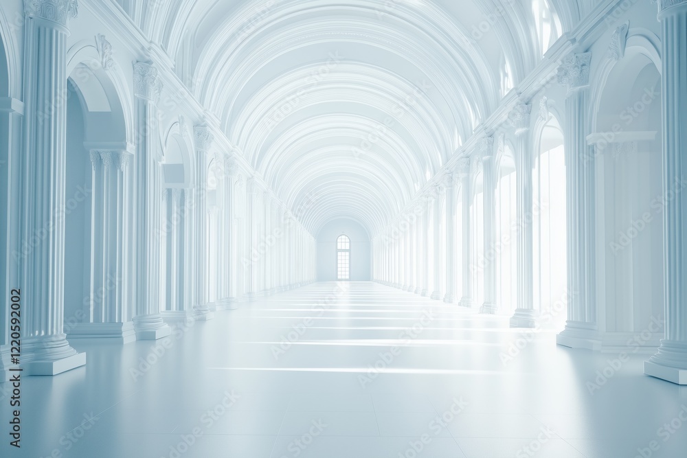 Poster a spacious, ethereal minimalist interior design style hall with tall white columns and arches, illum
