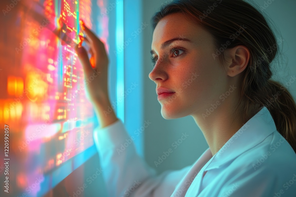Poster a female scientist analyzes colorful data on a large interactive screen, examining complex informati