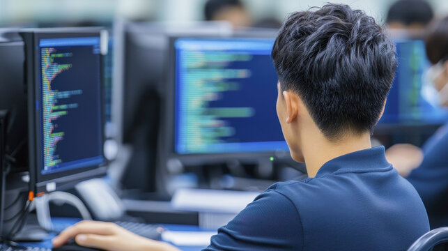 focused student coding on computer in classroom setting, surrounded by screens displaying programming languages