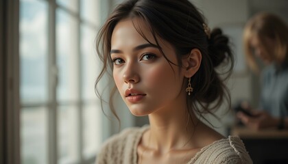 Portrait of a beautiful young woman with brown hair and elegant earrings, sitting near a window, soft lighting, delicate features, closeup shot