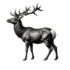 Drawing of a deer with large antlers, rocks and plants, transparent background