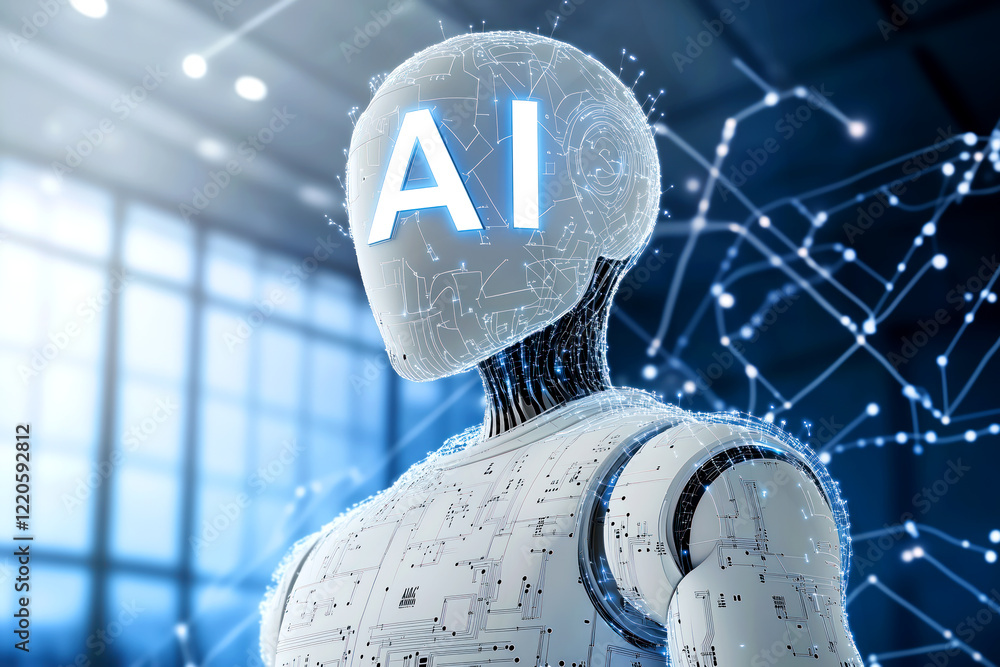 Poster a futuristic humanoid robot with a digital head that lights up ‘ai’ surrounded by glowing data strea