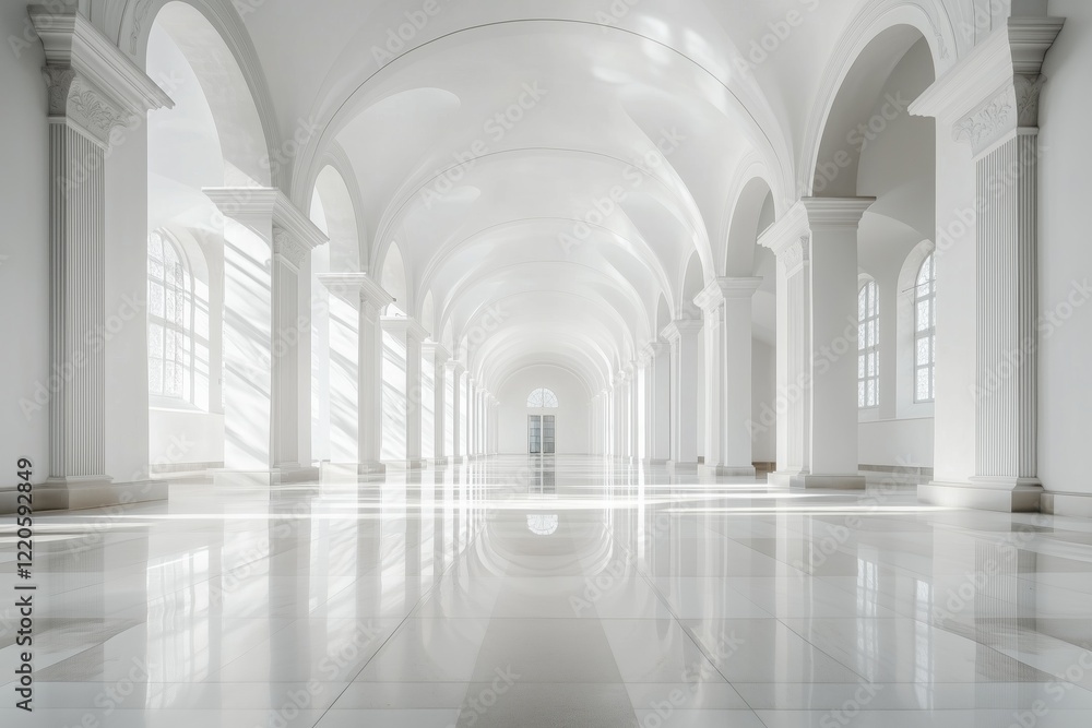Poster a spacious, bright minimalist interior design style featuring tall white columns and large windows. 
