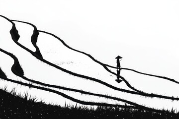 Obraz premium Solitary figure walks across serene rice terraces, a minimalist black and white landscape.