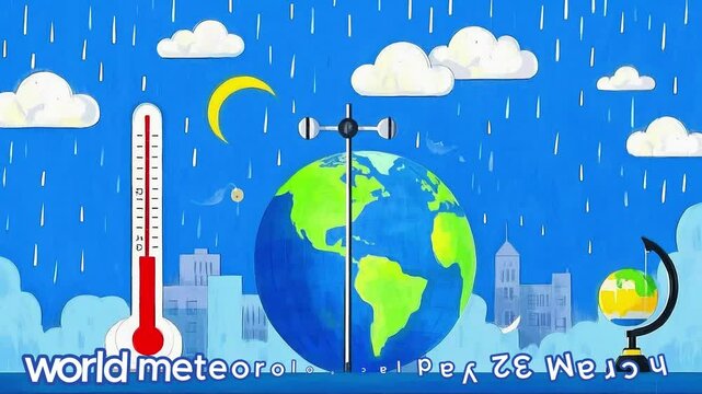 World Meteorological Day 23 march text animation planet earth 4k video set of icons map