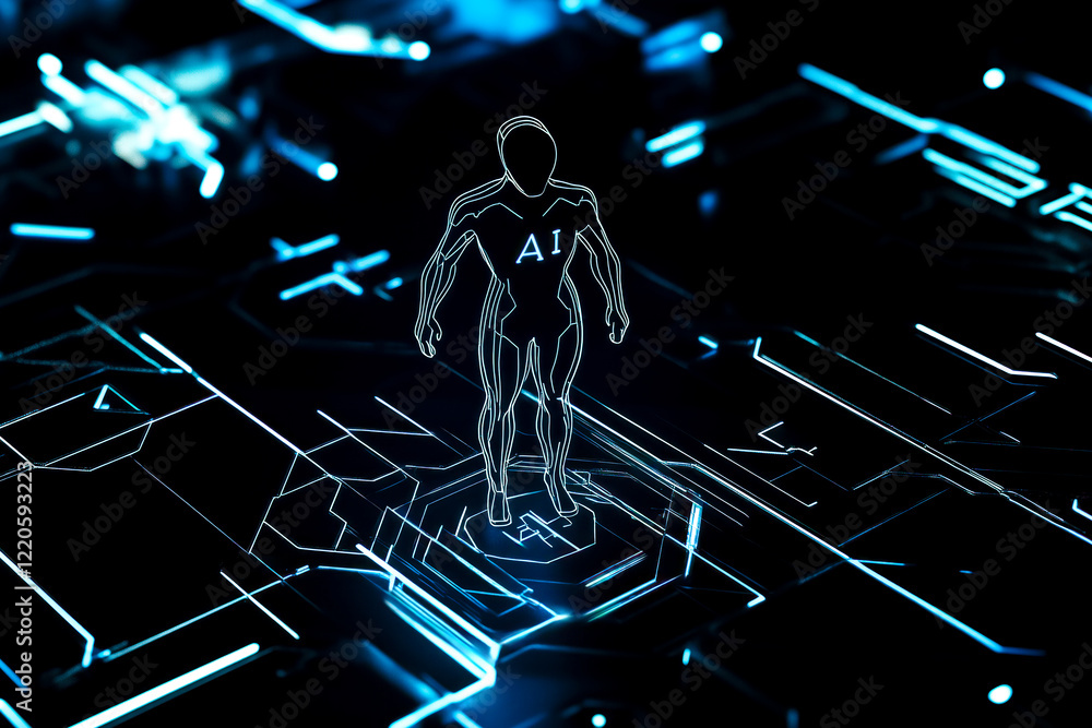Fototapete A glowing, futuristic humanoid figure labeled 