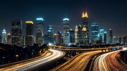 Obraz premium A panoramic view of a bustling metropolitan skyline at night, with skyscrapers glowing in warm yellow and blue lights. A busy highway with light trails from cars adds motion to the scene