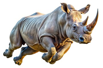 Obraz premium Rhinoceros leaping, sharp focus, extensive background detail, transparent PNG.