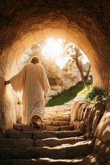 Jesus Christ standing at the entrance to the tomb. AI generative.