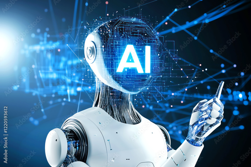 Poster a futuristic humanoid robot with a digital head that lights up ‘ai’ surrounded by glowing data strea