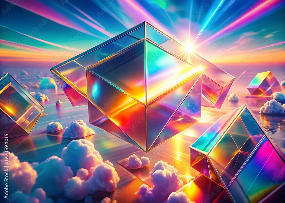 Poster aerial view of holographic geometric shapes floating in isolation