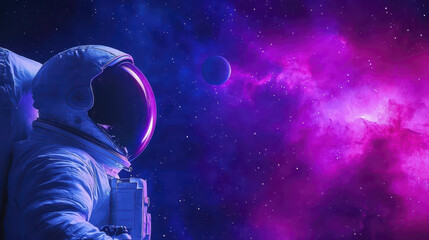 astronaut gazes into vibrant cosmos, surrounded by colorful nebulae and distant planets, evoking sense of wonder and exploration
