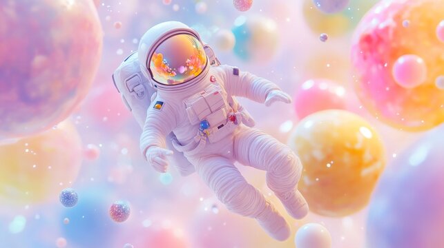 In a playful environment, a fanciful astronaut figure floats amidst vibrant planets and stars. 