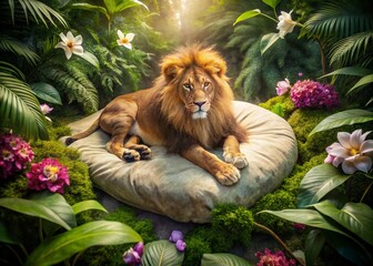 Obraz premium Aerial View of Lion Sleeping Pad Amidst Vibrant Orchids
