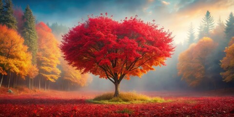 A majestic red heart-shaped tree stands alone in a misty forest landscape surrounded by vibrant autumn foliage colors